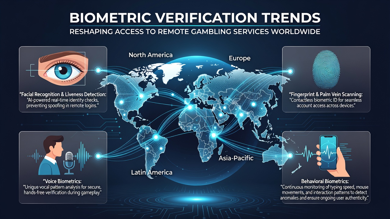 World map highlighting regions with growing biometric verification in online gambling markets