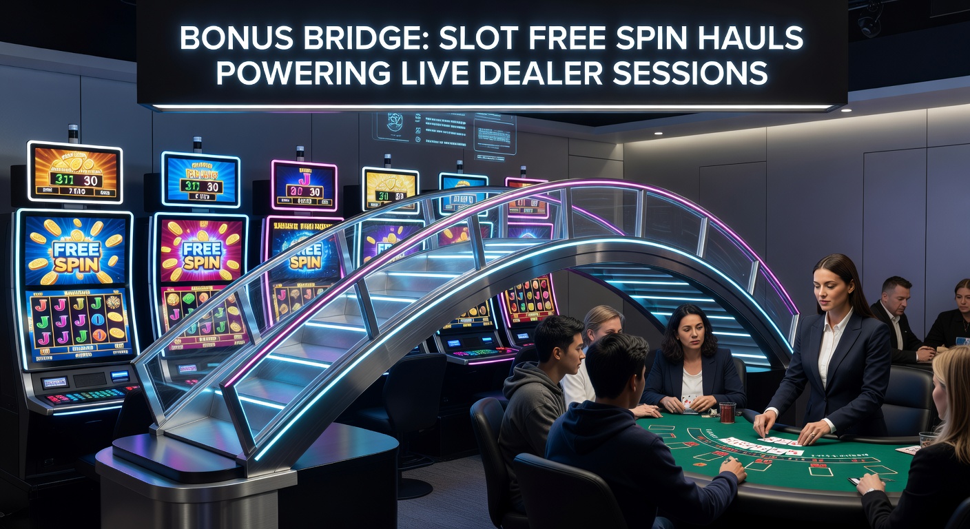 Live dealer roulette wheel in motion with overlaid slot free spin icons flowing into chip stacks, highlighting the seamless bonus bridge