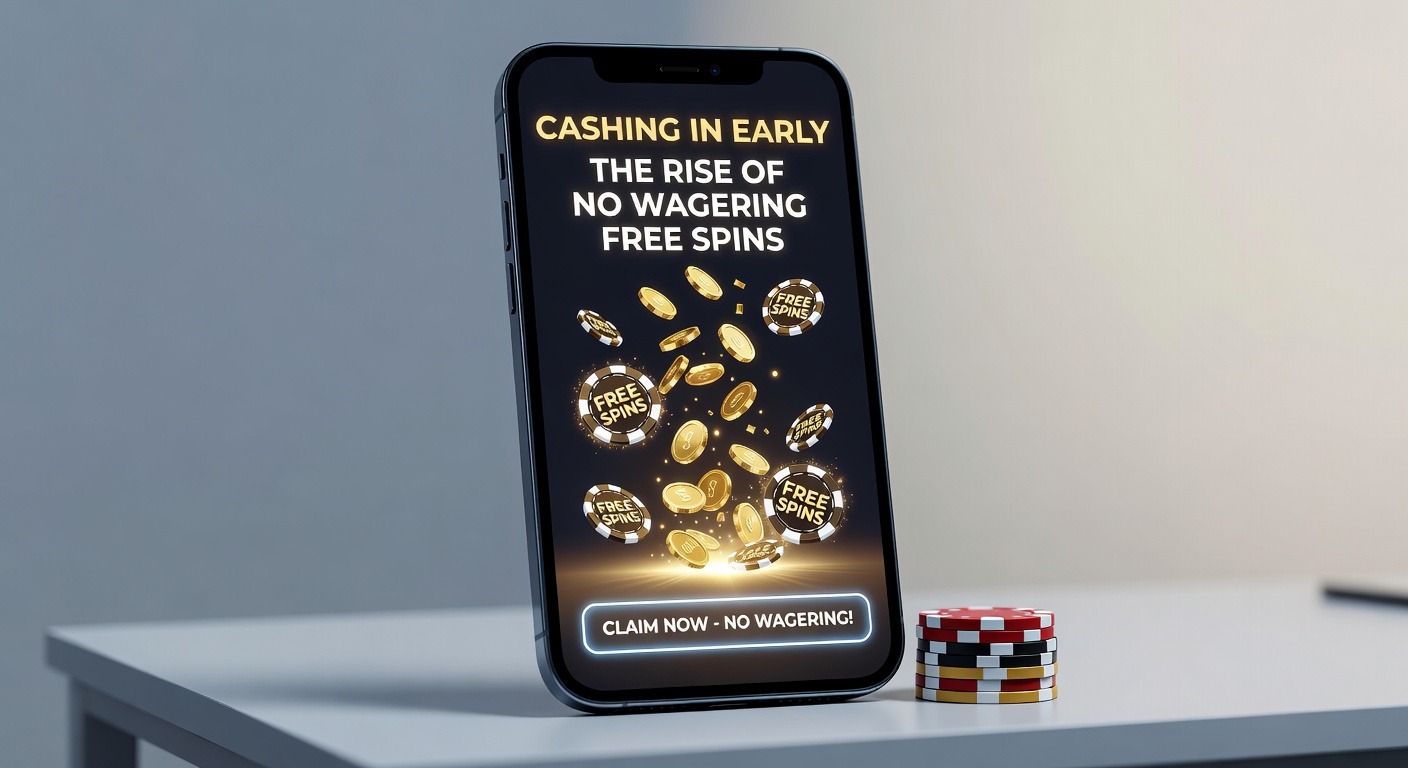 Smartphone screen showing a vibrant mobile casino interface with no wagering free spins promotion highlighted, spins activating on a colorful slot reel