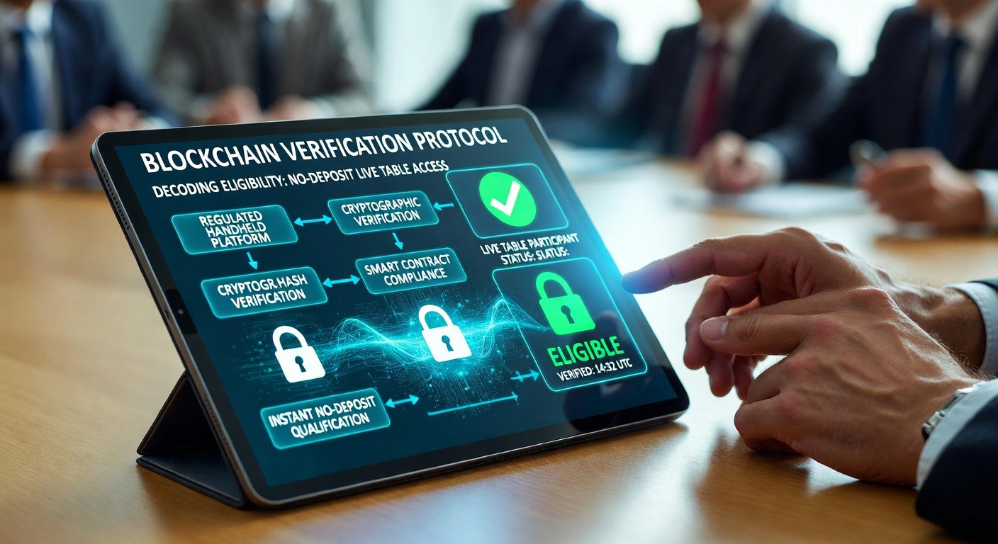 Blockchain verification process displayed on a regulated mobile casino interface showing live table eligibility checks
