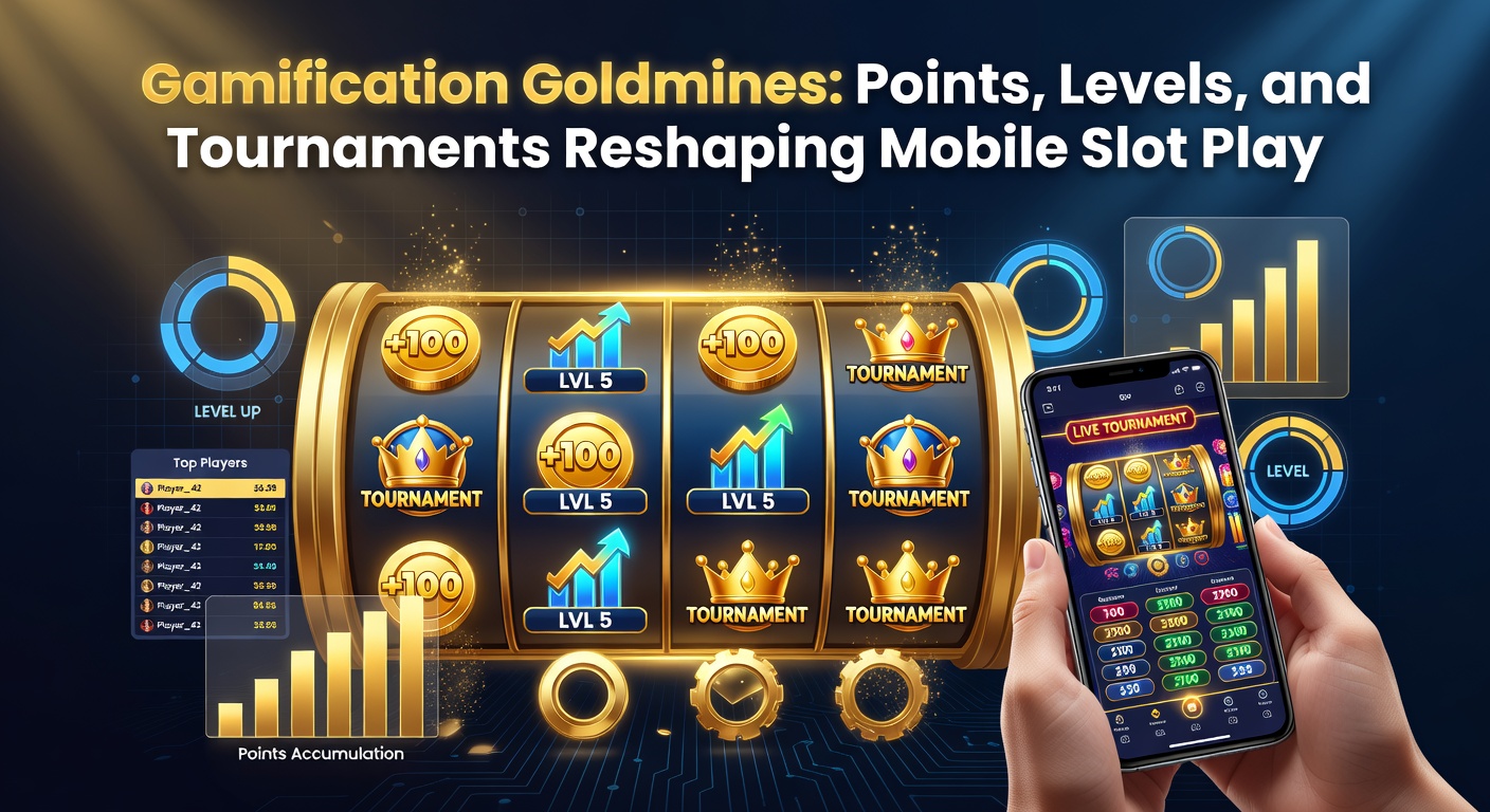 Vibrant mobile slot screen showing points accumulation, level-up notifications, and a competitive tournament leaderboard glowing with player rankings and prizes