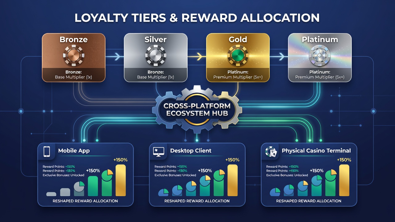 Data dashboard displaying tier-based reward distribution across mobile, desktop and live table game platforms