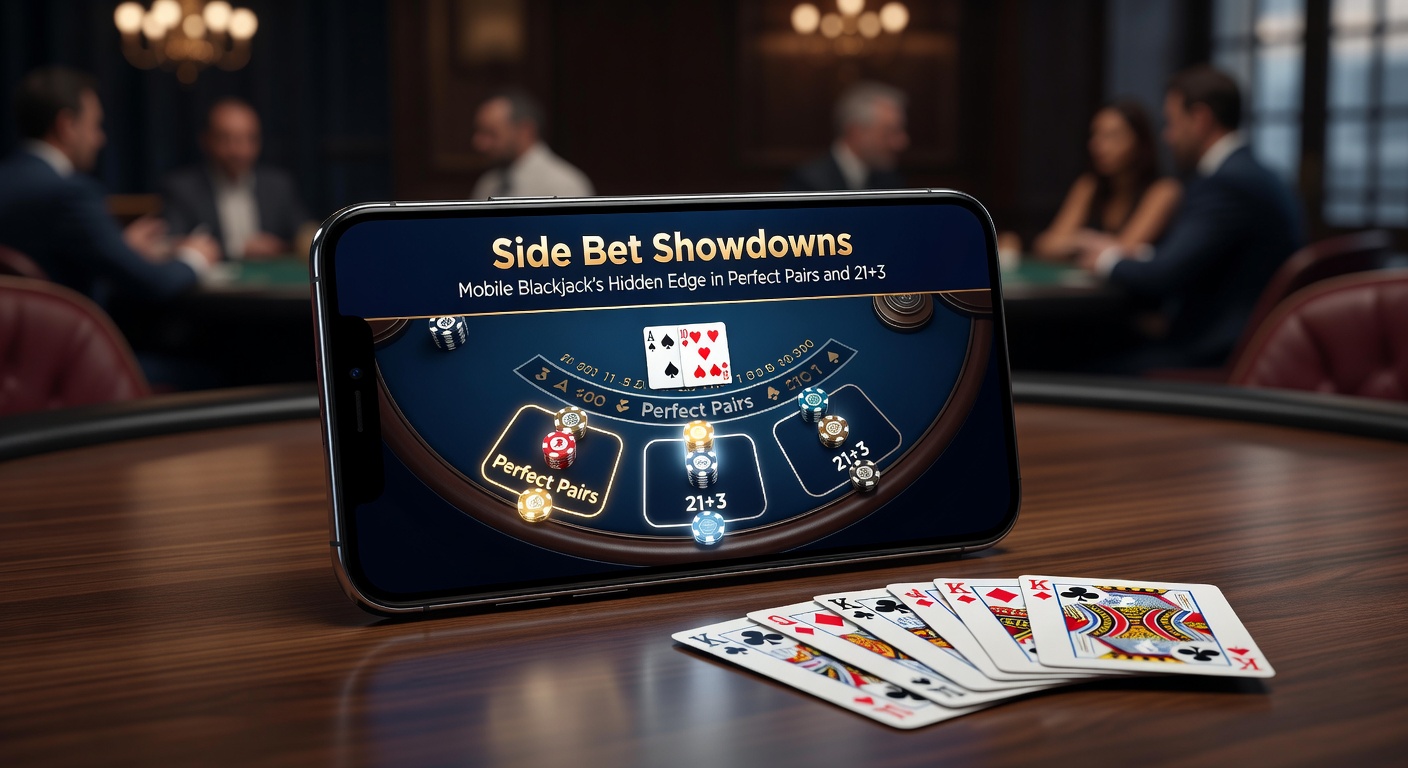 Smartphone screen displaying a winning 21+3 side bet in mobile blackjack, with poker hand payout highlighted amid cards and chips