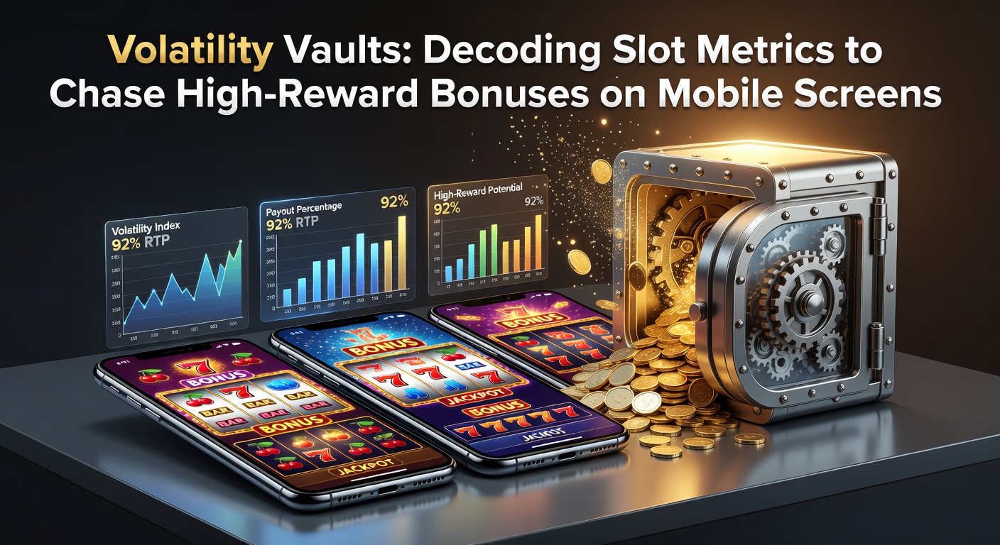 Close-up of a mobile slot screen displaying high-volatility game metrics with bonus vault symbols glowing amid cascading reels and jackpot counters ticking upward